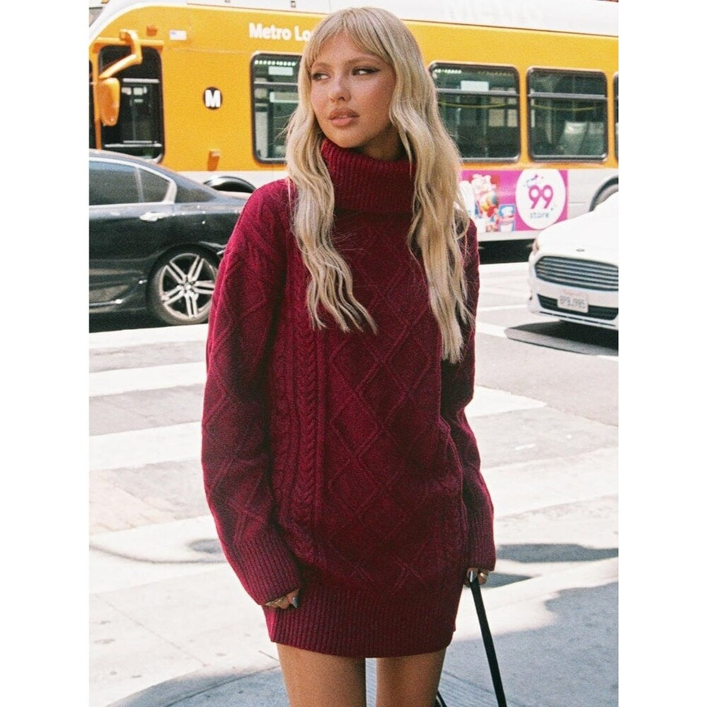 Princess Polly Burgundy Cable Knit Turtleneck Sweater Dress